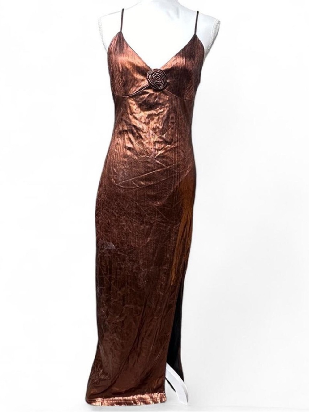 Women's Copper Slip Maxi Dress with Rosette Detail